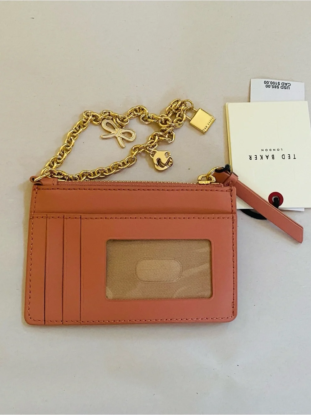 Ted Baker Leather Sutton Charm Wallet Coral Pink Card Holder with Gold Chain